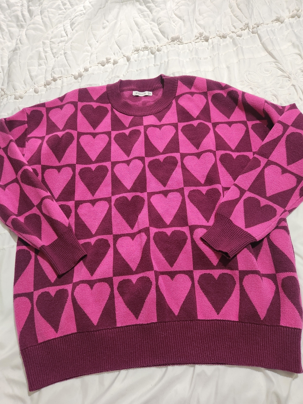 Staccato Pink and Magenta Heart-Check Crewneck Sweater